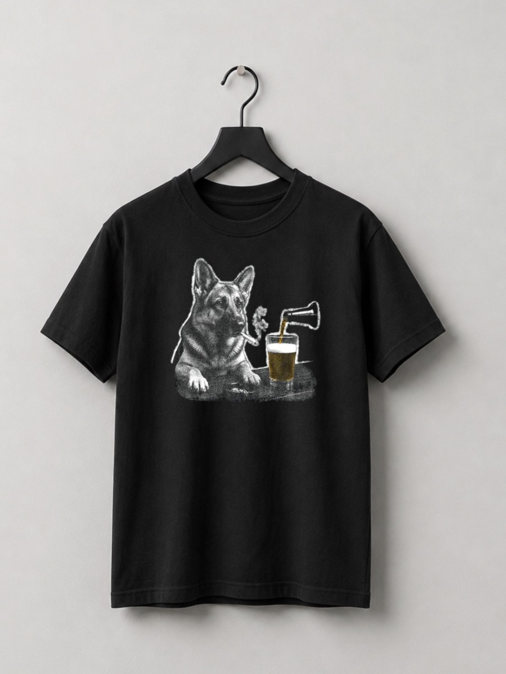 Black Dog Graphic Tee with Beer Pour Design